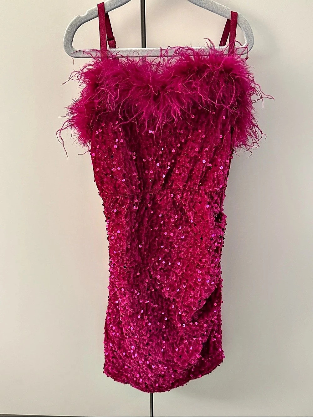 Exarush Sequin Feather Trim Mini Dress in Pink Size 10 girls Like New